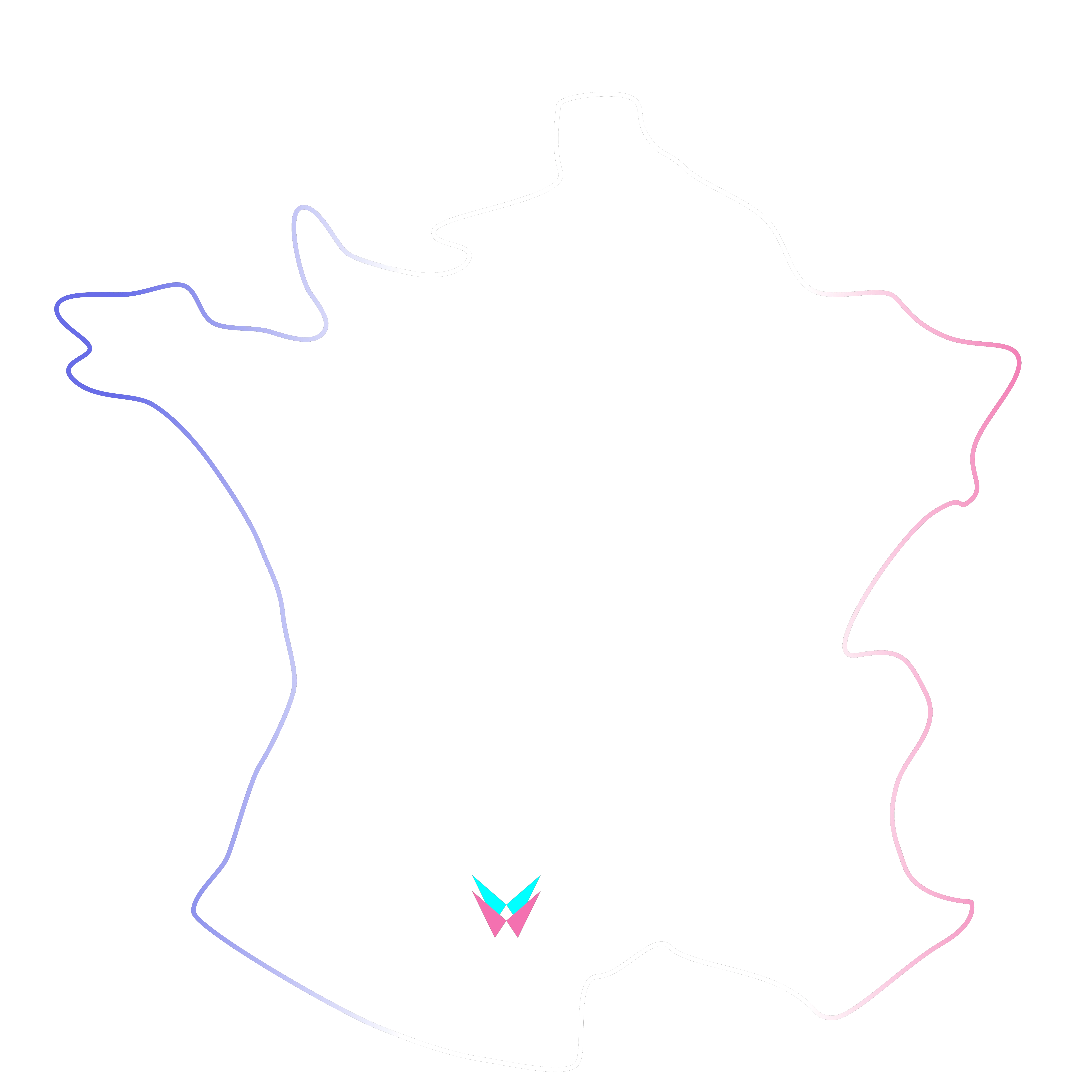 Line drawing of France with the TwinWorks mark on Toulouse
