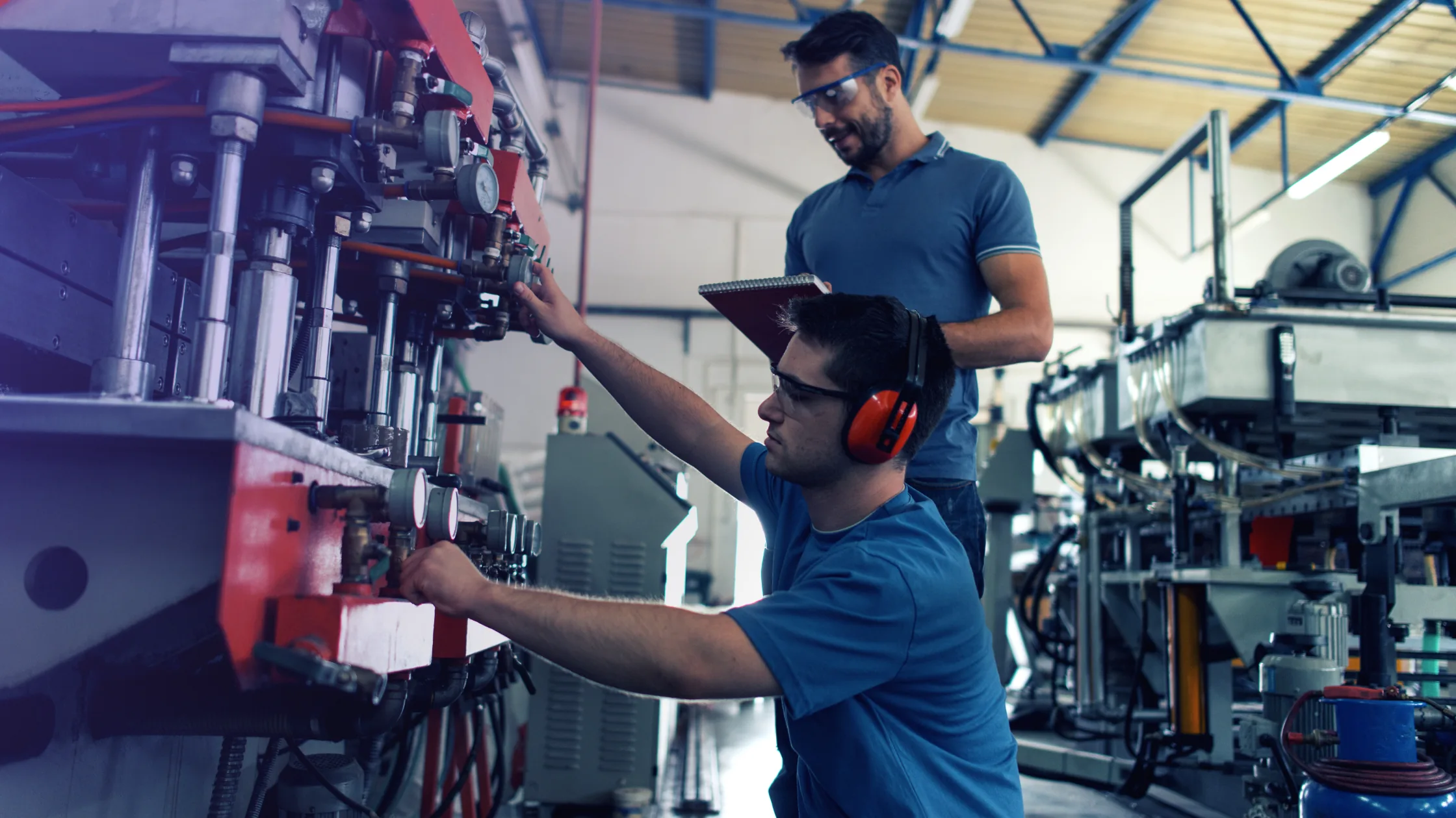 Technicians following digital work instructions