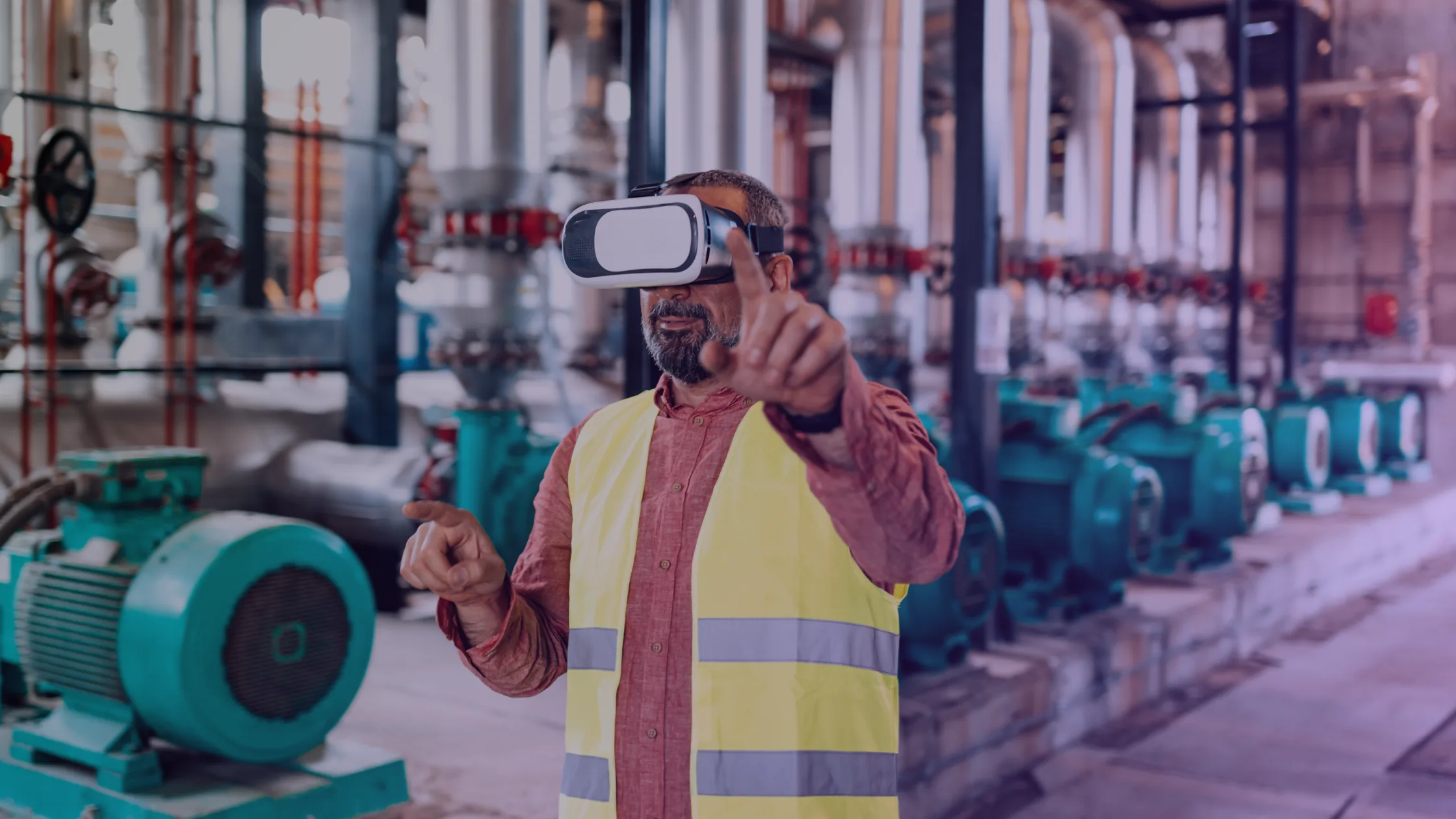 Technician wearing a virtual reality headset