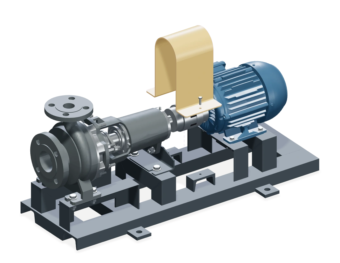 Industrial pump with its coupling guard lifted above the exposed coupling