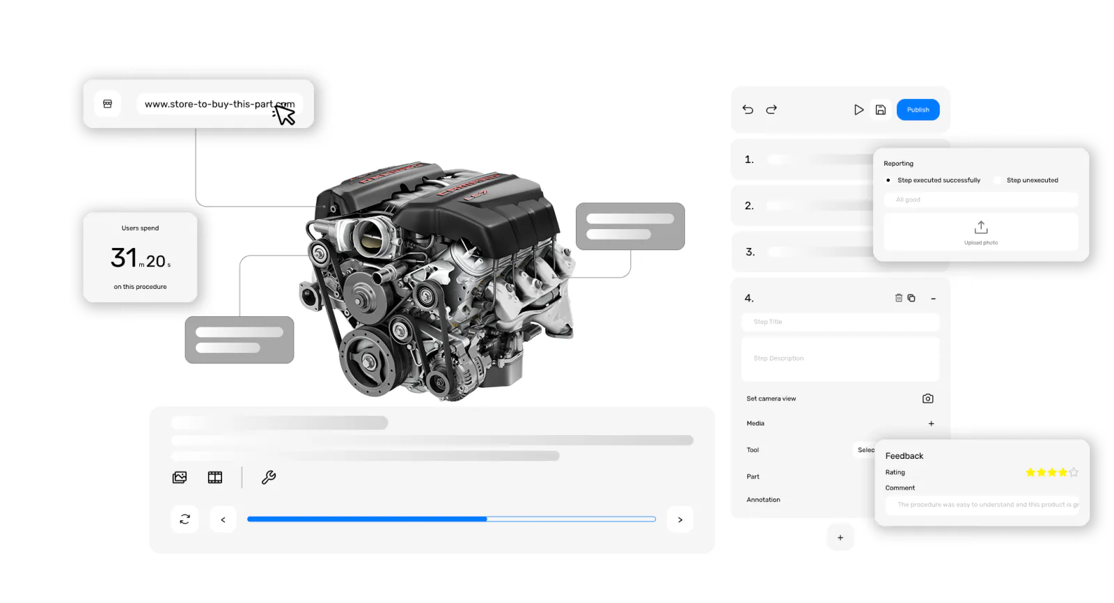 L’éditeur TwinWorks : un modèle 3D de moteur à côté des étapes de sa procédure et de ses propriétés