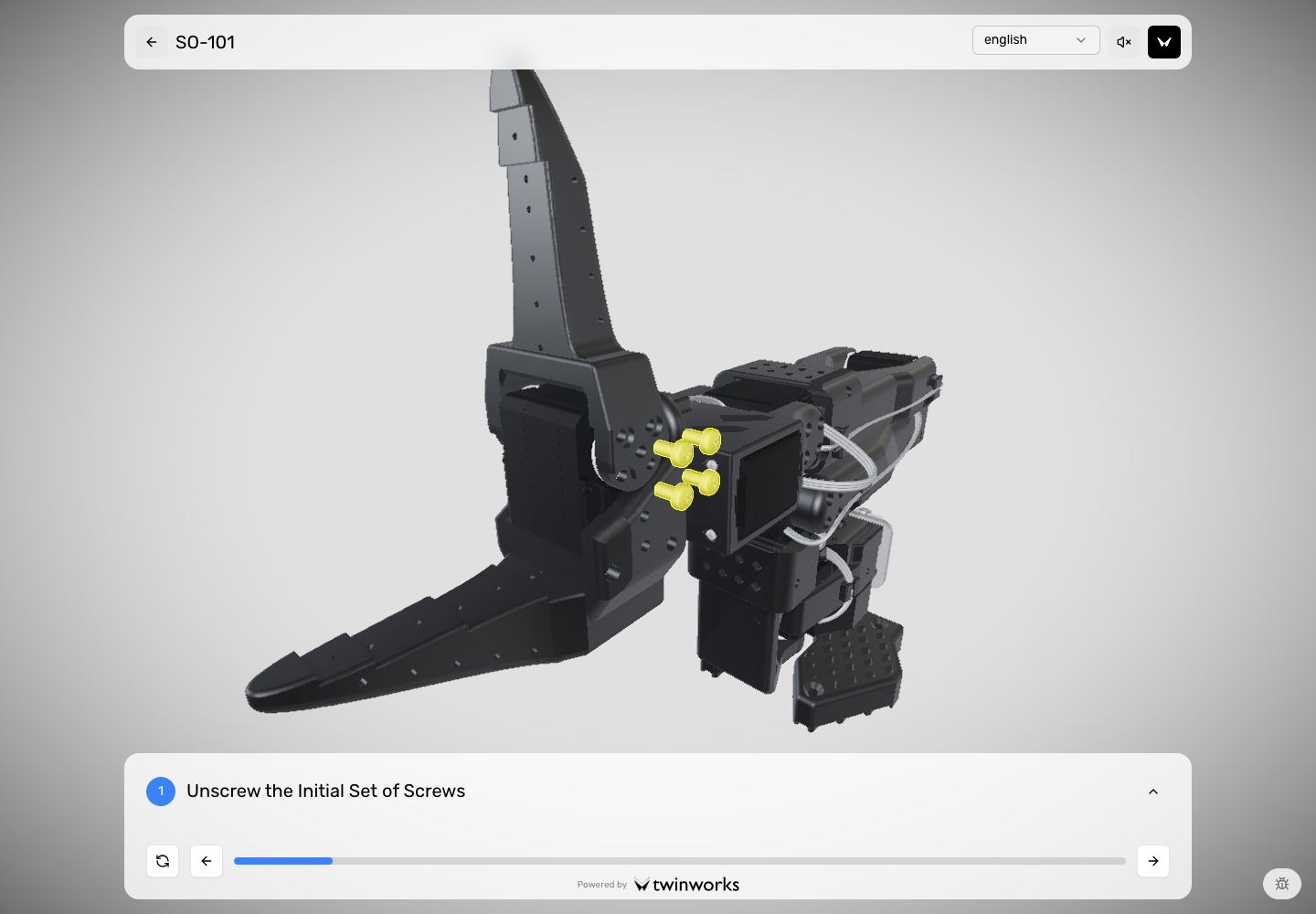TwinWorks SO-101 public viewer showing highlighted screws and the first servomotor-replacement step