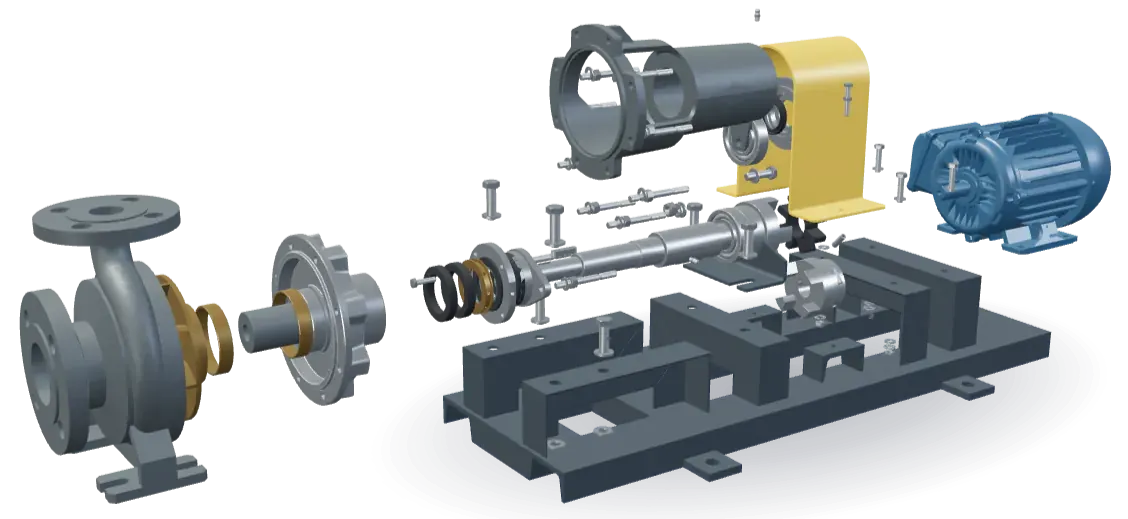 The CP-200 centrifugal pump in an exploded view, its parts pulled apart along the shaft