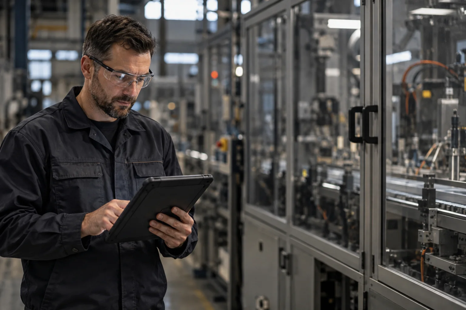 An operator consulting a tablet beside production machinery