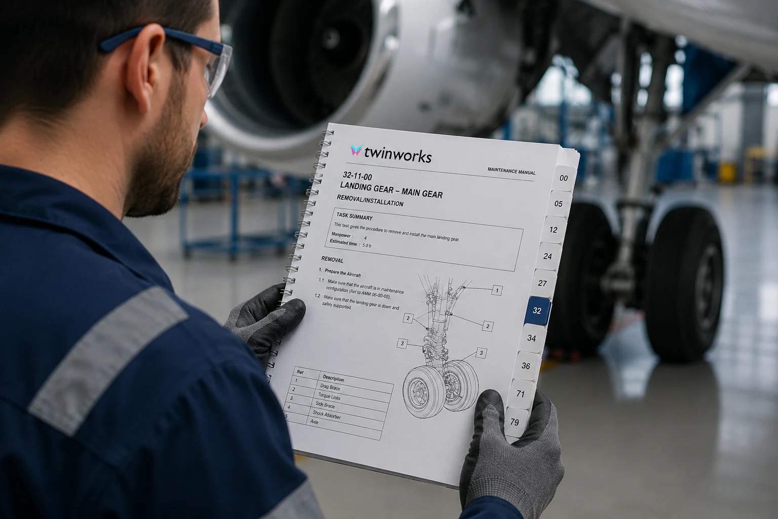 Technician reading a TwinWorks maintenance manual in front of aircraft landing gear