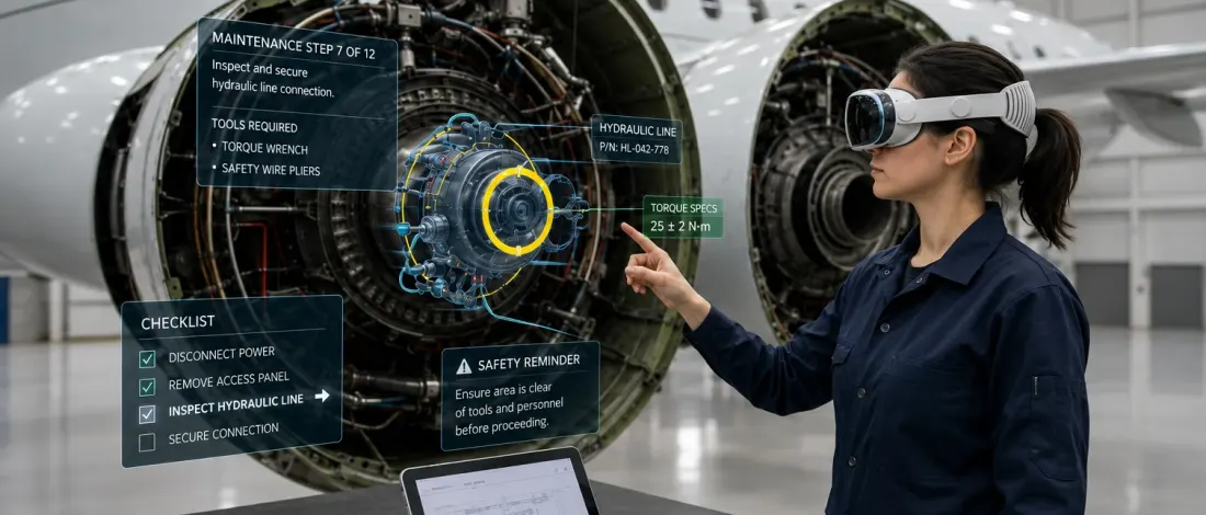 Illustration : une technicienne équipée d’un casque voit des étapes de maintenance, une liste de contrôle et un rappel de sécurité superposés à un moteur d’avion