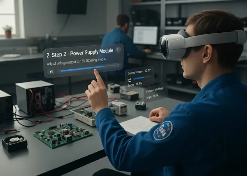 Illustration : un technicien équipé d’un casque suit une étape en réalité augmentée superposée à un banc de test électronique