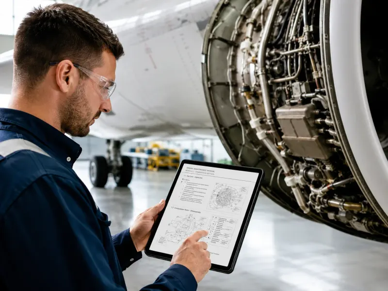 Un technicien suit un manuel numérique sur une tablette à côté d’un moteur d’avion