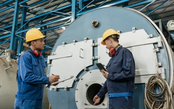 Deux techniciens de maintenance consultent une procédure sur un téléphone à côté d’un équipement industriel