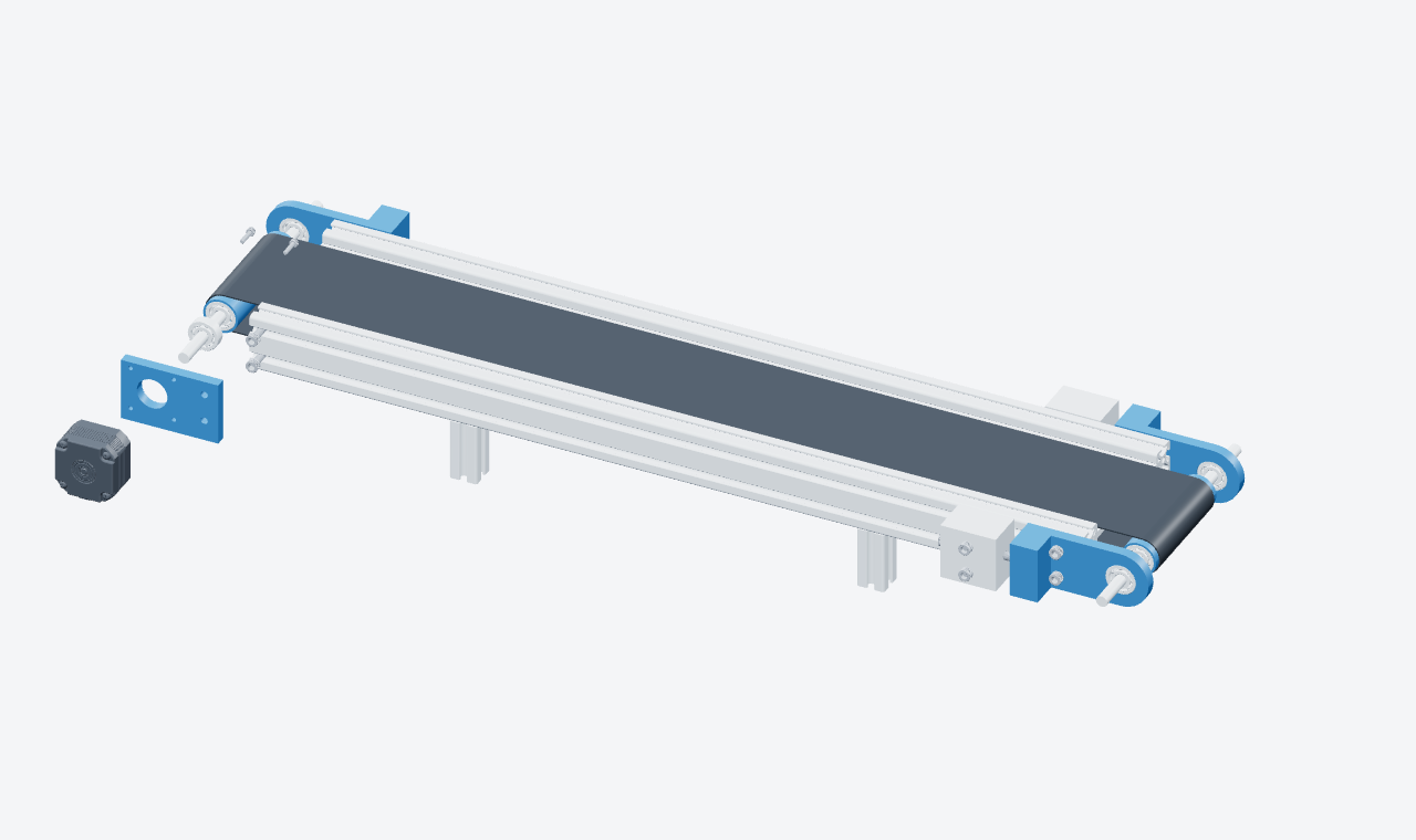 Conveyor CAD with the motor, blue mounting bracket and mounting screws separated to show their relationship