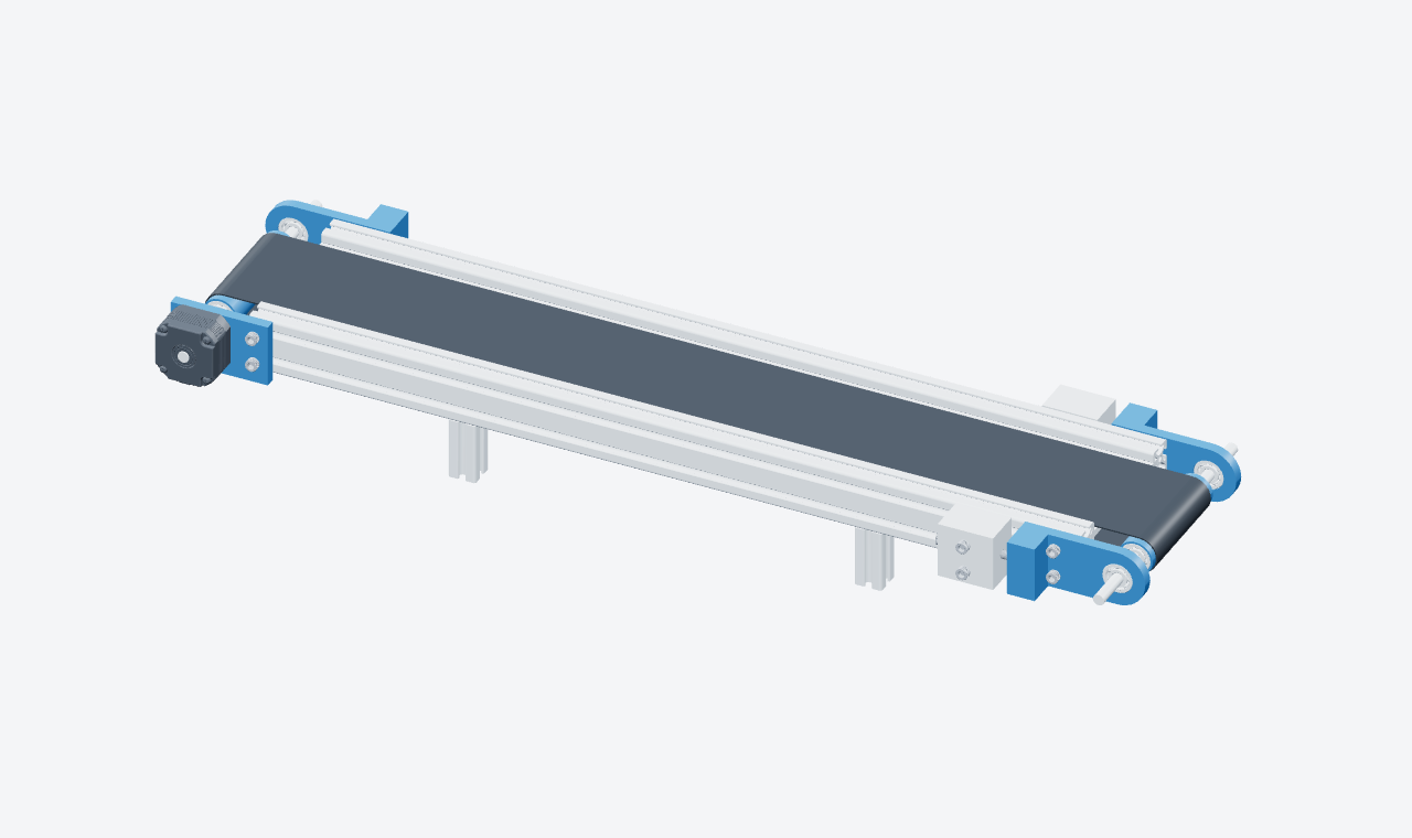 The assembled industrial belt conveyor with its drive motor and mounting bracket