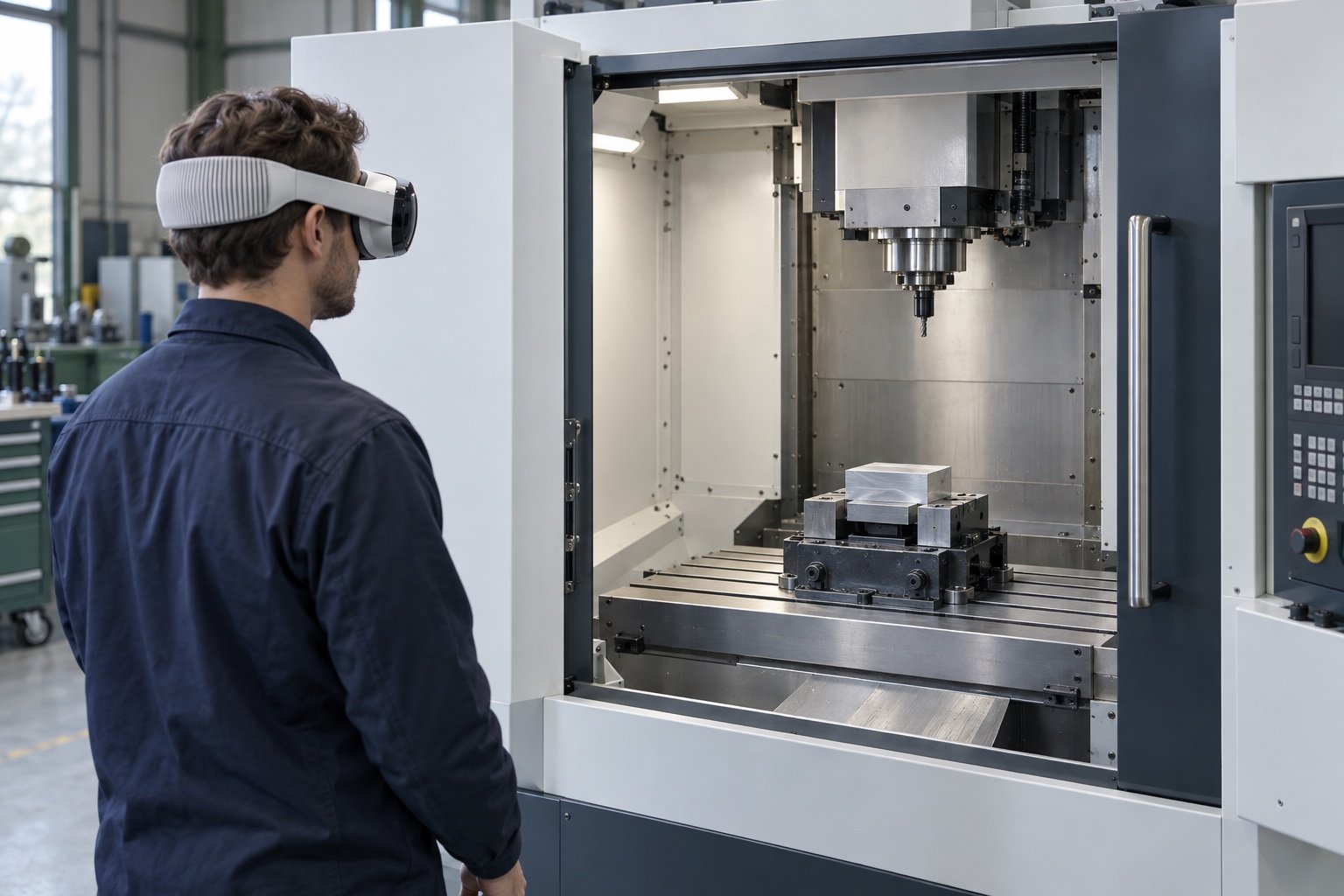 Illustrative CNC training scene: a trainer wearing Apple Vision Pro observes a stationary milling machine and workholding vise